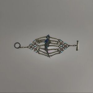 Vintage Multi-Chain Parrot Charm Bracelet | Enamel Bird with Boho Floral Accent